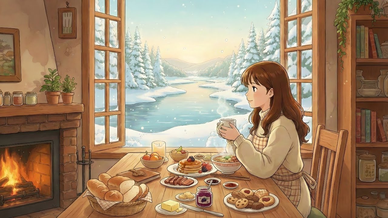 A Peaceful Winter by the Frozen River — Soft Mornings, Warm Breakfast, Quiet Thoughts | Ghibli-Style