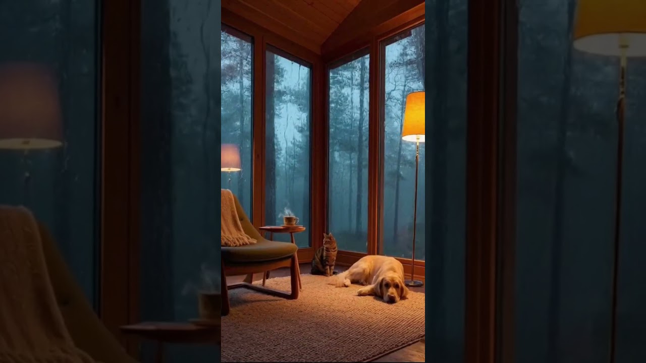 Cozy Smart Glass Cabin Surrounded by Forest, Warm Lamps, Rain Outside, Dog and Cat Inside