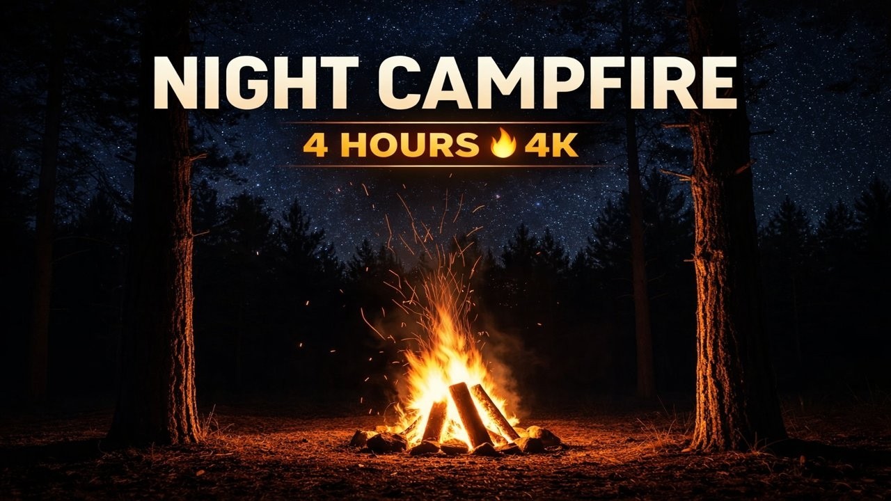 Night Campfire in Forest – 4 Hours 🔥 4K Relaxing Fire Sounds Under the Stars (No Music)