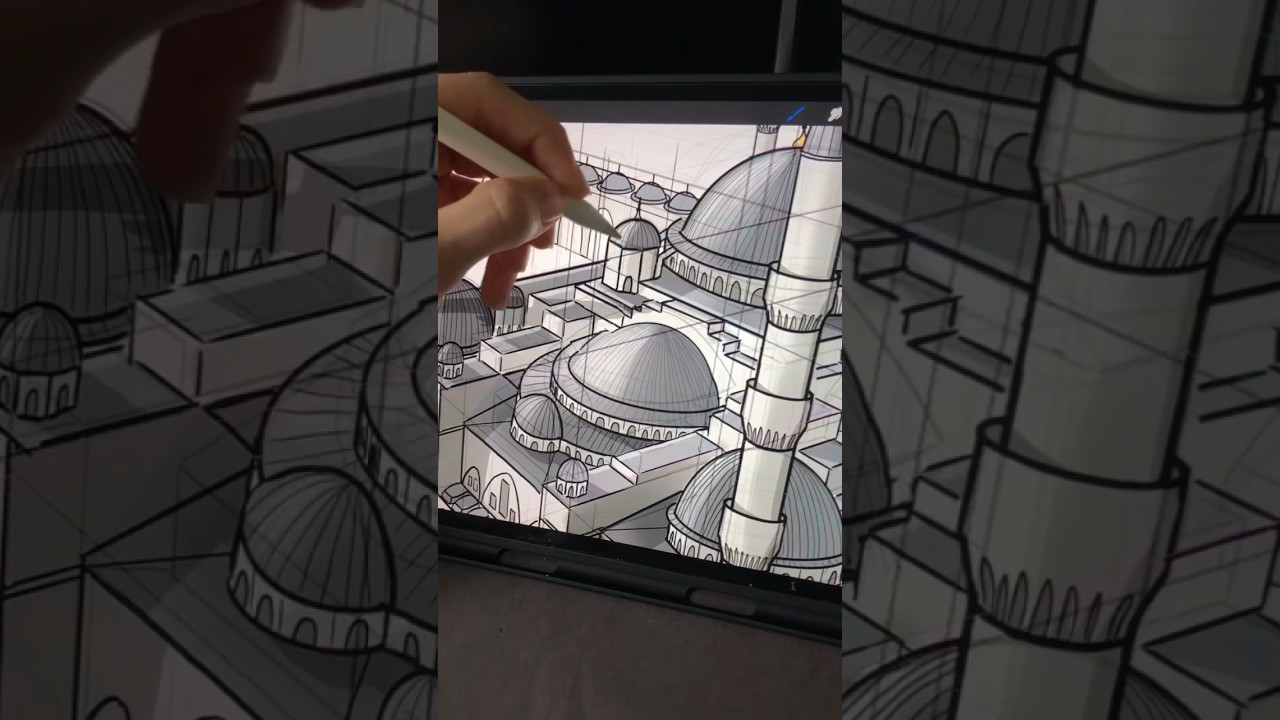 Digital Drawing of the Blue Mosque in Procreate | Three Point Perspective Illustration 