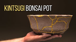 DIY Kintsugi  Broken bonsai pot repaired with gold colored powder and epoxy