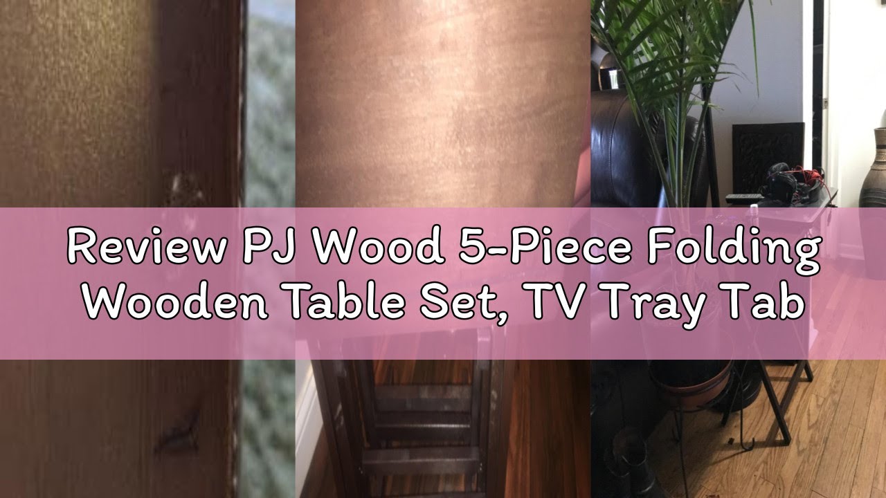 Review PJ Wood 5-Piece Folding Wooden Table Set, TV Tray Tables with Collapsible Storage Rack, Walnu