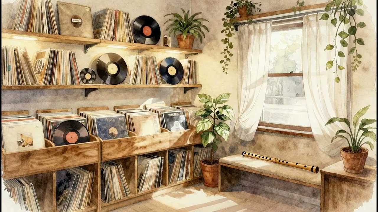 Relaxing Ambient  instrumental music. Bamboo Flute Calm and relaxed. Watercolor Background.