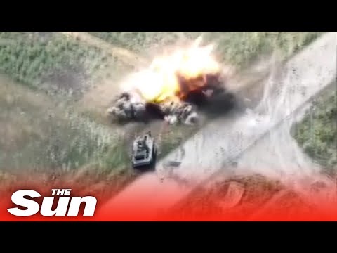 Fleeing Russian tank blown to pieces navigating Ukrainian minefield