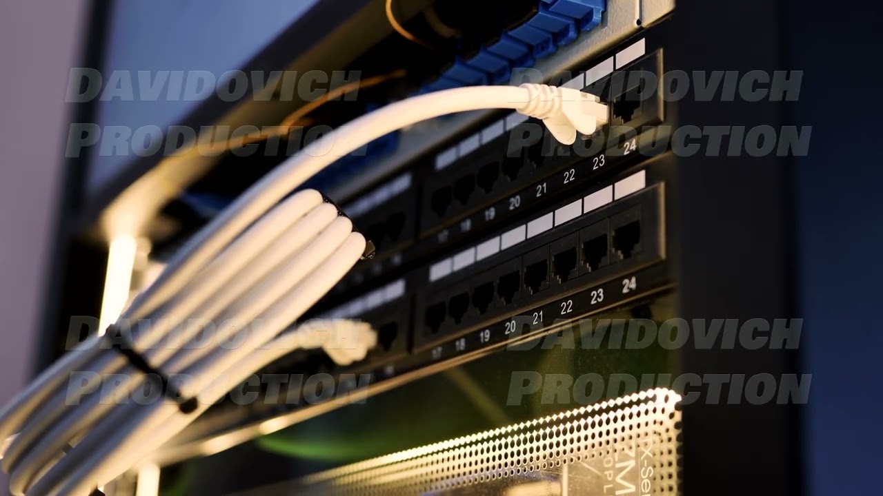 Ethernet cables connecting to a network switch in a data center rack