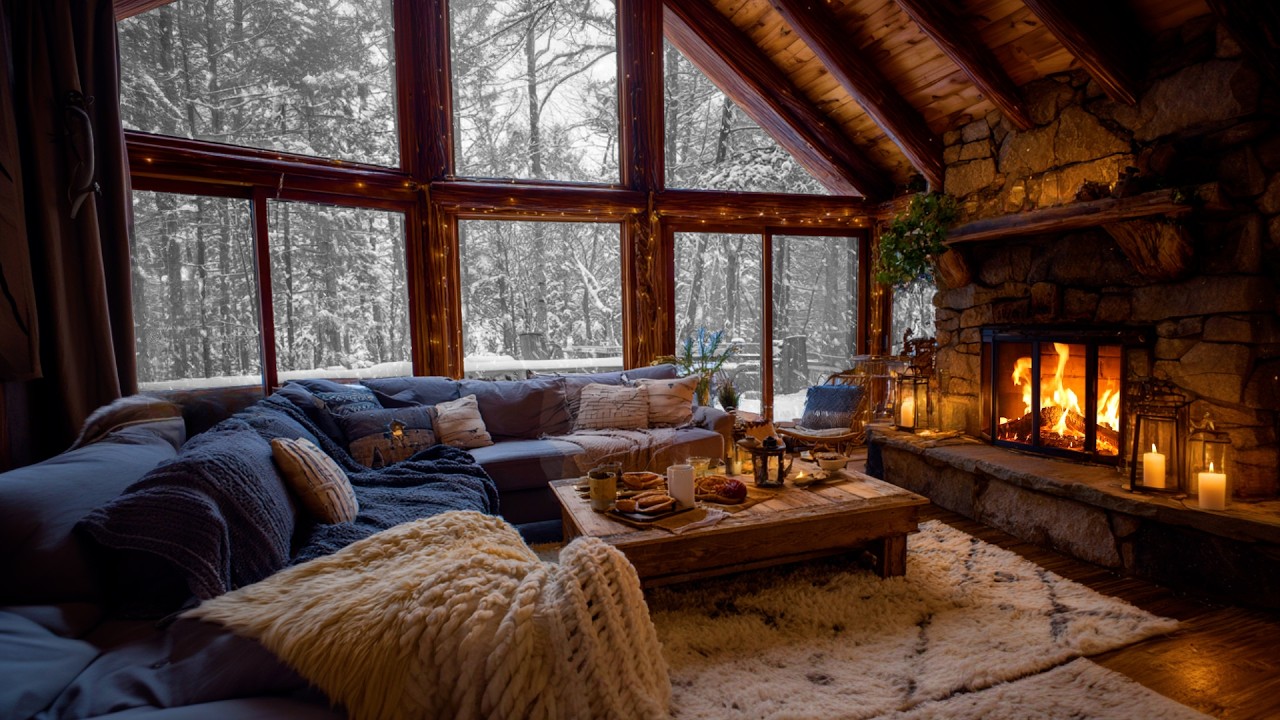 Snowy Winter Cabin Ambience with Fireplace Glow and Gentle Snowstorm ...