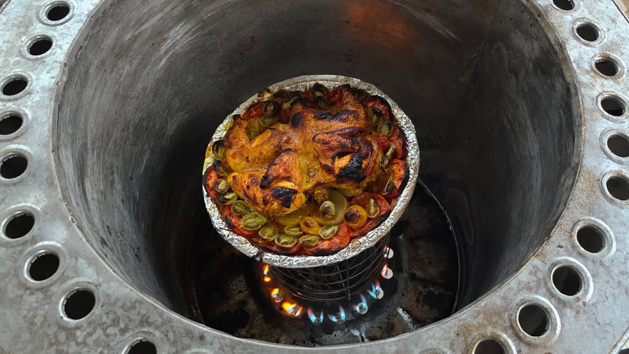 شوي دجاج بتنور الغاز وجوله بالحديقه ودجاج فديو شامل اشكال الوان قطف لثمار البيتنجان والطماطه والفلفل