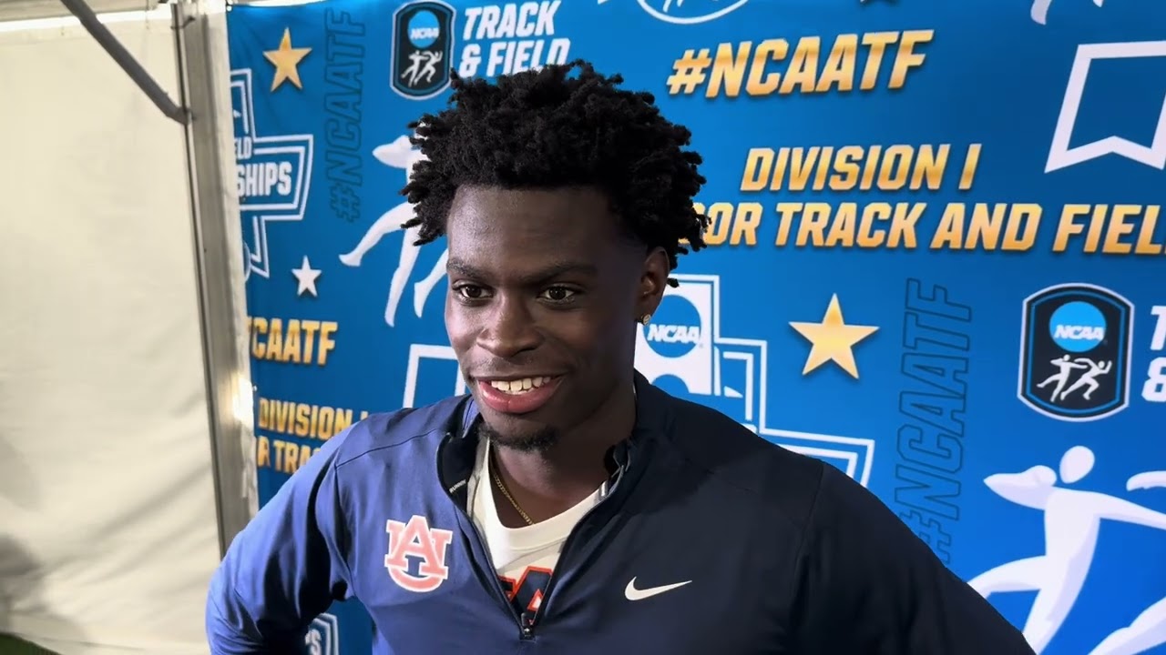 Ja’Kobe Tharp after running 12.90 to repeat as NCAA 110m hurdles champion
