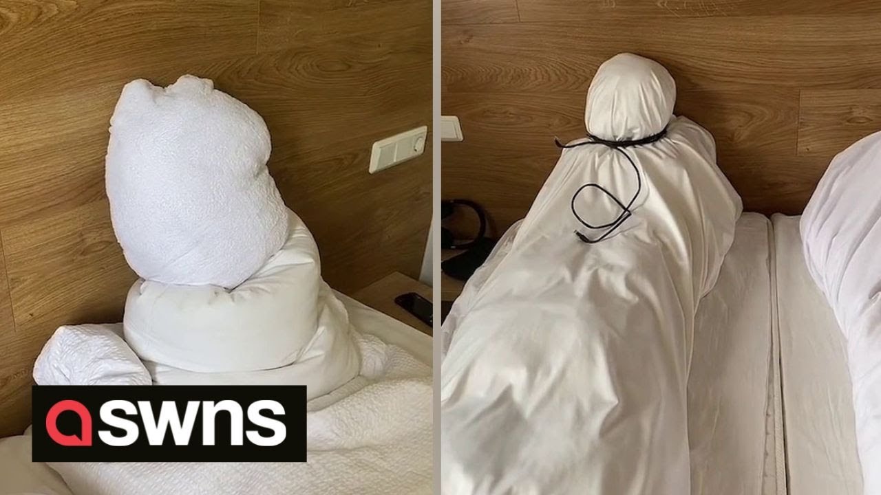 Brothers prank hotel staff by making their room towels and pillows look