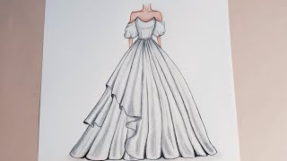 تعلم رسم فستان سهرة بطريقة  سهلة وبسيطة للمبتدئين | how to draw a dress easy | fashion illustration