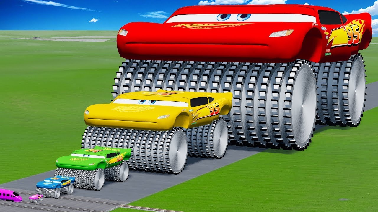 Big & Small Colors McQueen Wide with Monster Saw wheels VS Train | BeamNG.drive