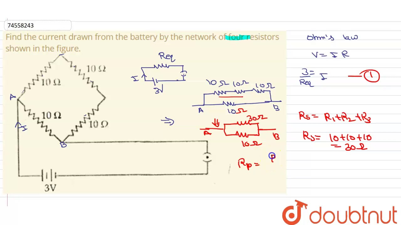 Find The Current Drawn From The Battery By The Network Of Four Resistors Shown Youtube