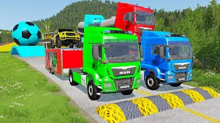 Double Flatbed Trailer Truck vs Speedbumps Train vs Cars | Tractor vs Train Beamng.Drive 060