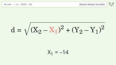 Find the distance between two points p1 (-14,-42) and p2 (87,-30): Step-by-Step Video Solution