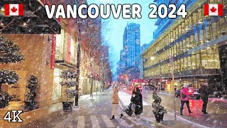 【4K】❄❄❄ Snowfall & Icy Roads in Downtown Vancouver, BC. Canada. Night Walk. January 11 2024.