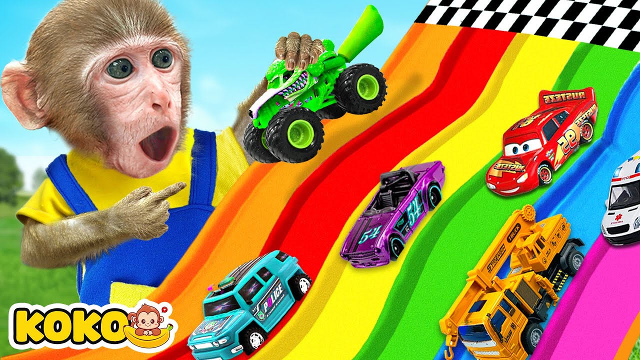 Monkey Koko Play Racing Car On Rainbow Slide And Challenge with Rainbow Jelly | KUDO KOKO CHANNEL