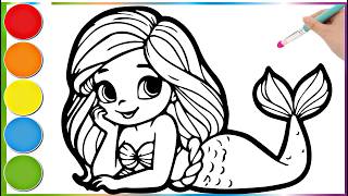 Drawing and Coloring a Cute Mermaid 🧜‍♀️🌊🐚 Drawings for Kids