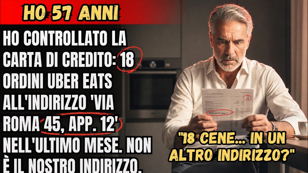 Martedì mattina il caffè era freddo quando ho visto l'estratto conto.18 ordini a via Roma 45,appartamento12,tutti alle 20:30,tutti per due.18 cene romantiche pagate con la nostra carta,mentre...
