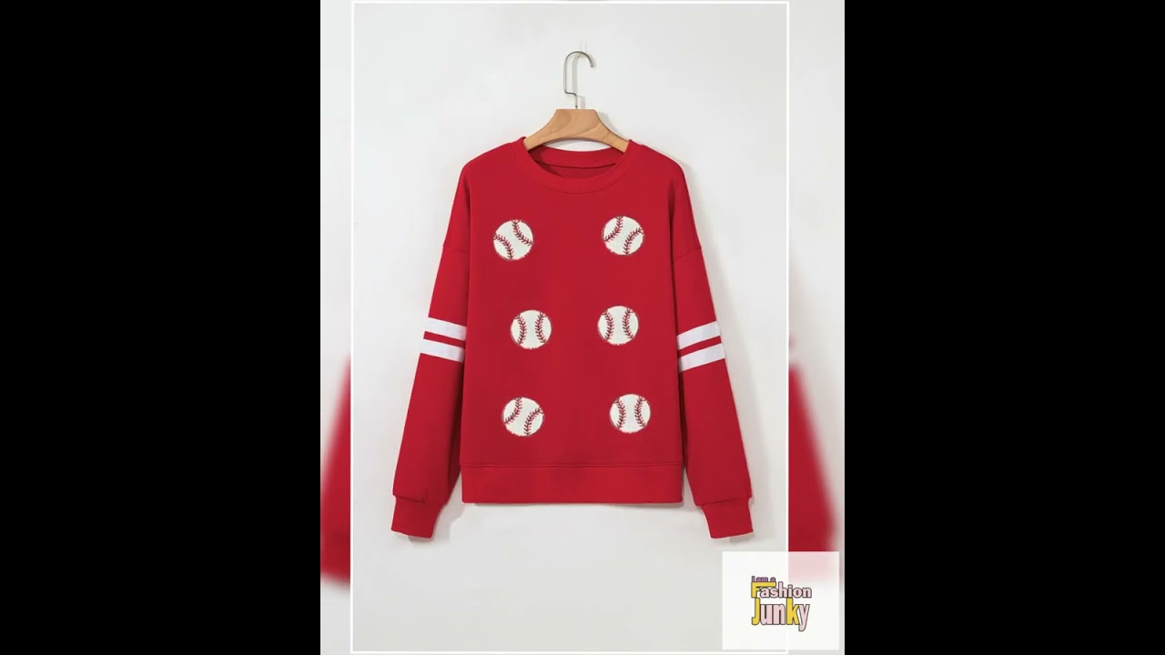 Fiery Red Sequin Baseball Patched Oversized Varsity Sweatshirt
