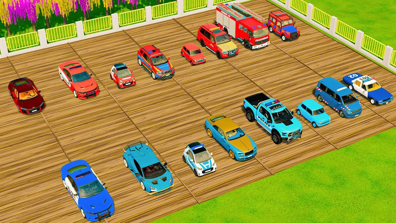 TRANSPORTING CARS, AMBULANCE, POLICE CARS, FIRE TRUCK OF COLORS! WITH TRUCKS! - FS 22