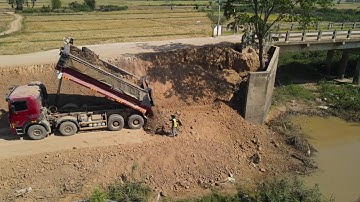 Amazing Technique Construction New Road Connecting to Bridge Use Operator Bulldozer Spreading Soil