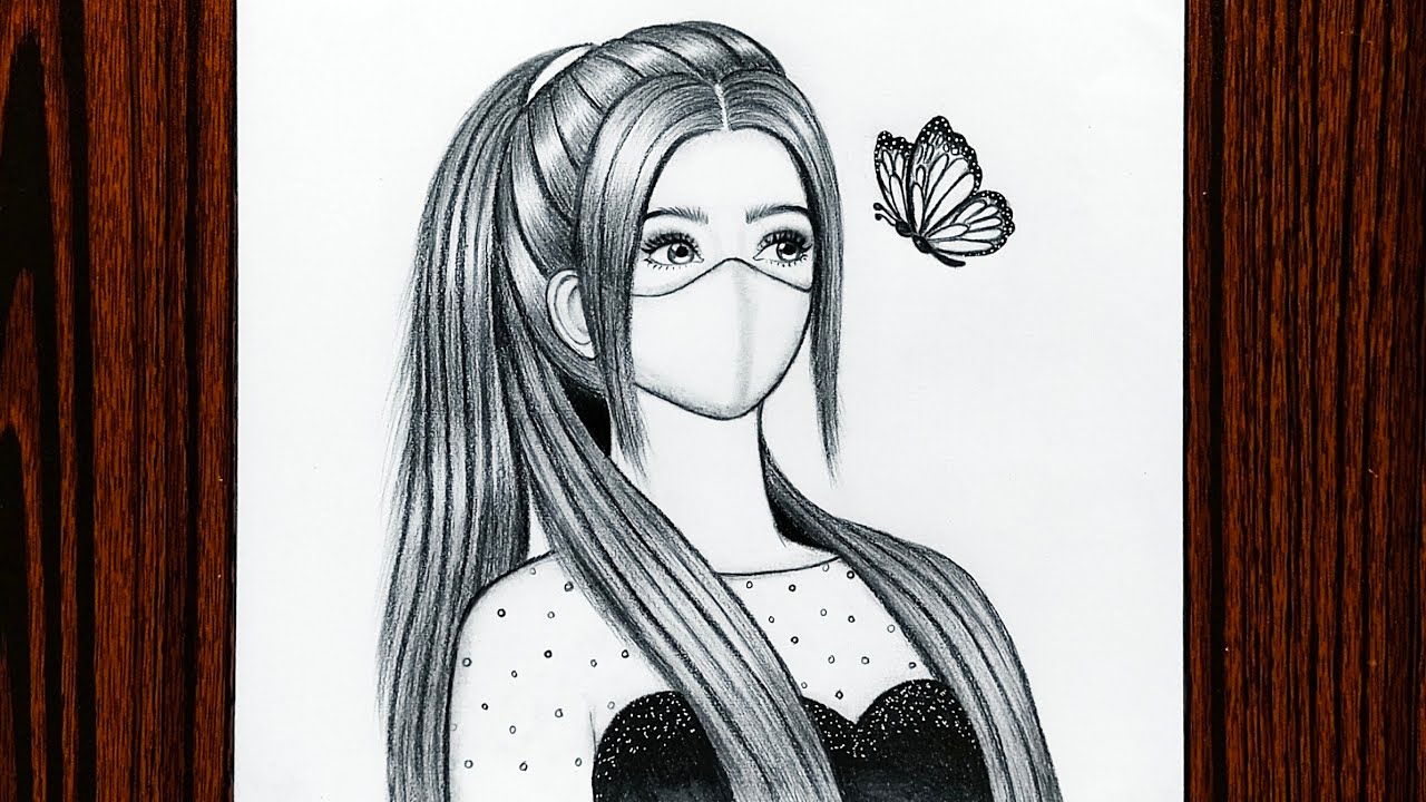 A girl wearing a mask pencil sketch Cute girl with butterfly