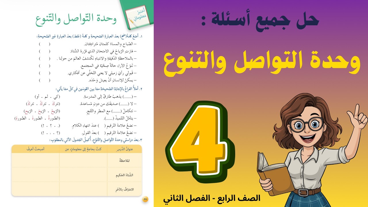 حل وحدة التواصل والتنوع الصف الرابع 4 - حل جميع الأسئلة | أستاذة روضة