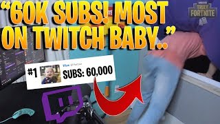 Tfue REACTS to Himself Hitting 60,000 TWITCH SUBS! (JUMPS OUT OF HIS WINDOW!)