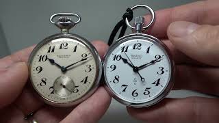 Seikosha and Seiko railway pocket watches - one from 1984, one from around 1935 - side by side