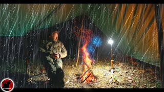 Down Pour  Covered Fire Camping in Heavy Rain  Thunderstorm Camping Adventure