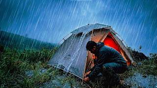 Camping Alone in Heavy Rain and Thunderstorm  Cozy Tent Overnight Adventure ⛈️