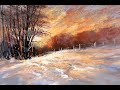 A winter sunset pastel painting  impressionistic winter landscape painting