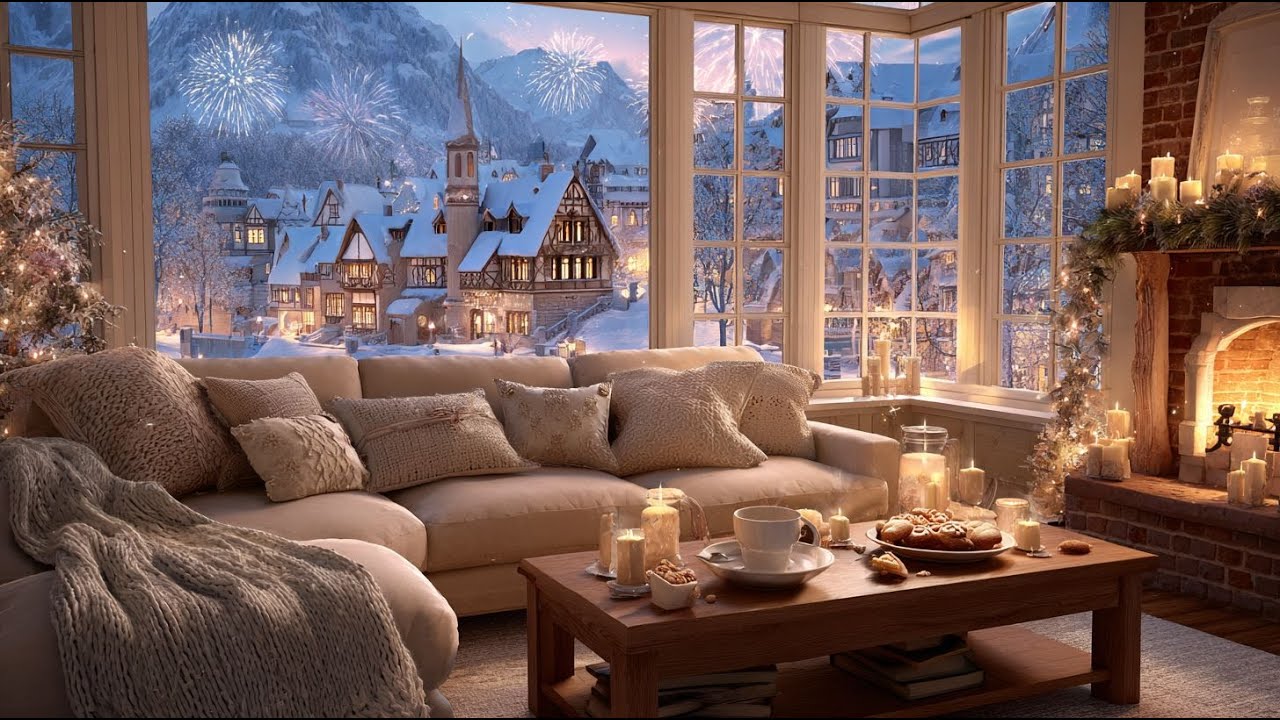 Cozy Winter Evening ❄️ Warm Fireplace, Gentle Snowfall & Soft Fireworks Ambience