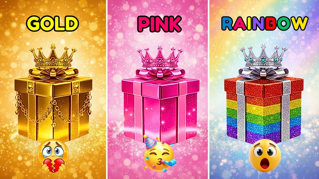 Choose your gift box 🎁 3 gift box challenge | Gold vs Pink vs Rainbow | 2 Good 1 Bad