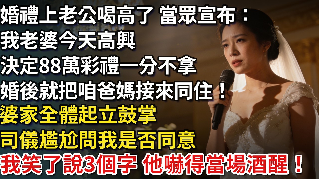 婚禮上老公喝高了，當眾宣布：我老婆剛跟我說了，今天的88萬聘金一分不要全退回，婚後就把咱爸媽接來同住！婆家全體起立鼓掌，司儀尷尬問我是否同意，我笑了說3個字，他嚇得當場酒醒！​​#為人處世#情感