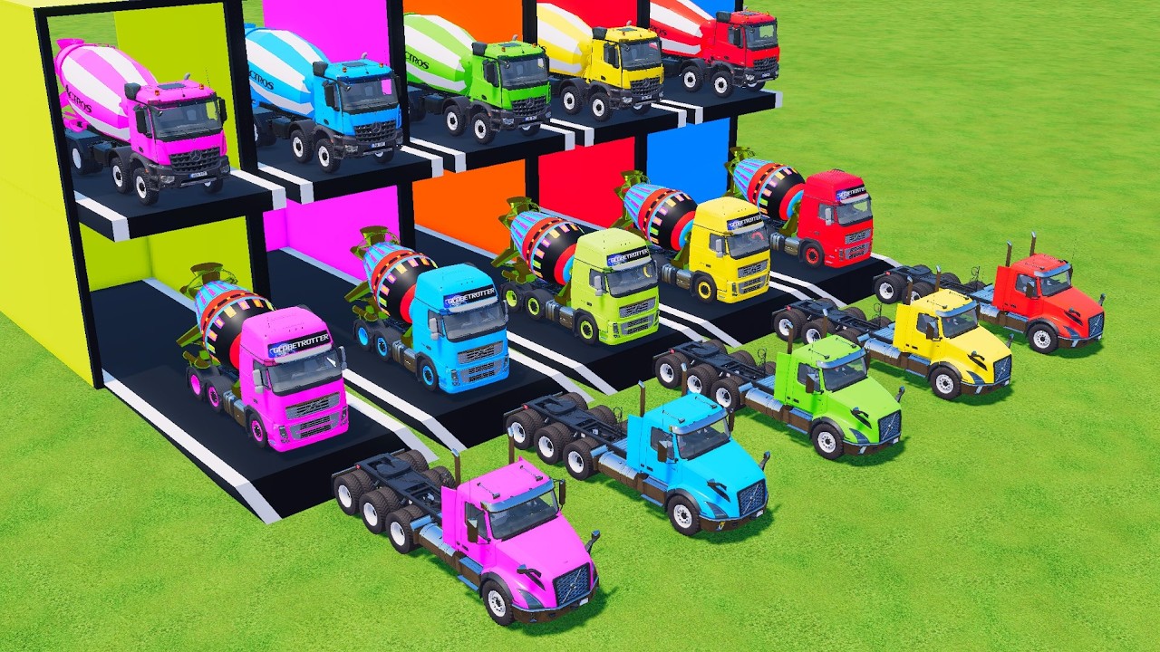 Garage with Colors - ALL MIXER TRUCK WITH DOUBLE FLATBED TRAILER TRUCK, KOMATSU, INTERNATIONAL, MAN