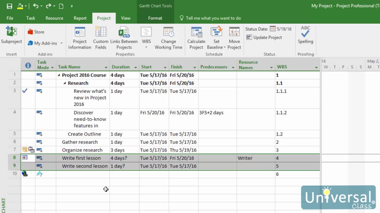 Lesson 12 Tracking Work In Project Microsoft Project 2016 Course Universal Class Youtube