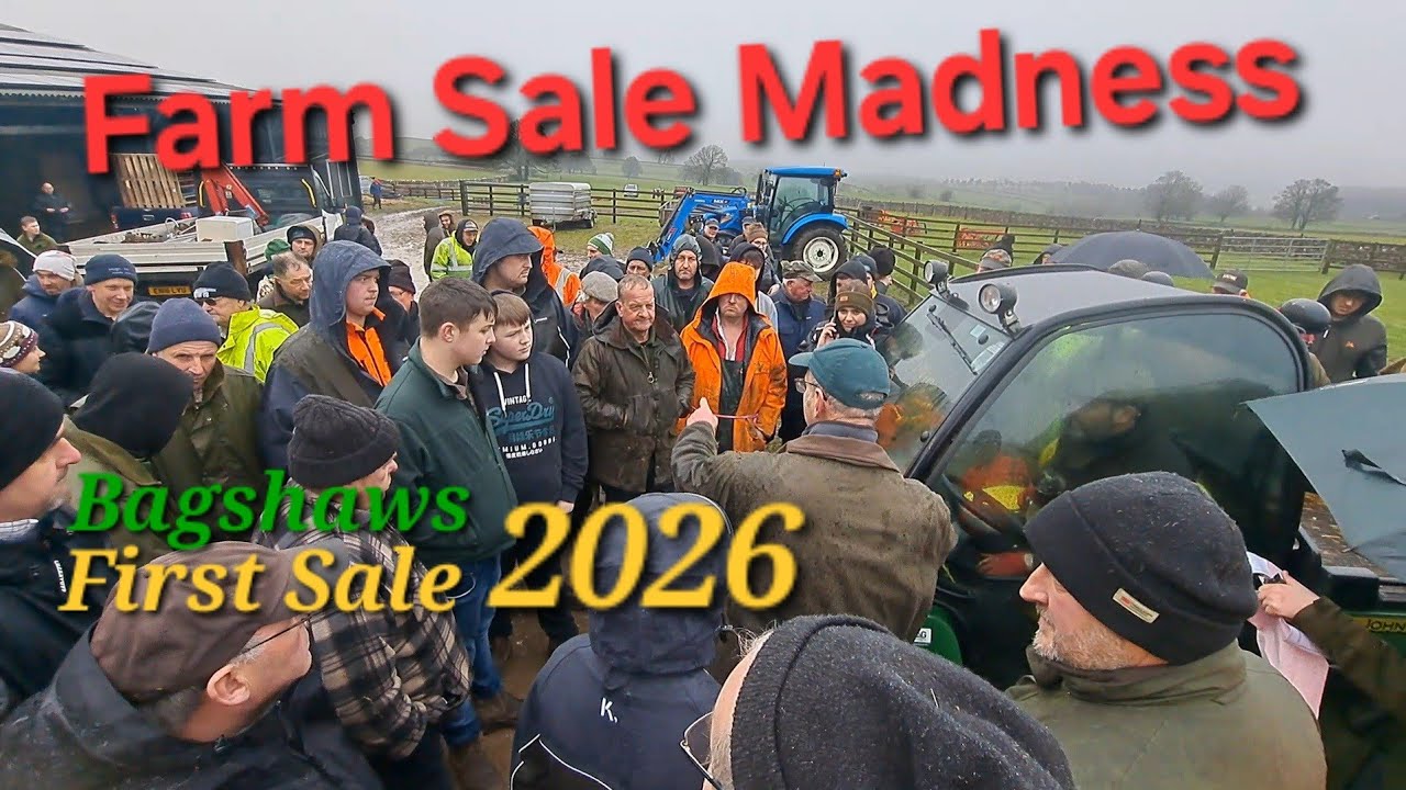 Farm sale madness 2026 Heavy Rain Awesome turnout! Tractors ,john deere gator, machinery implements.