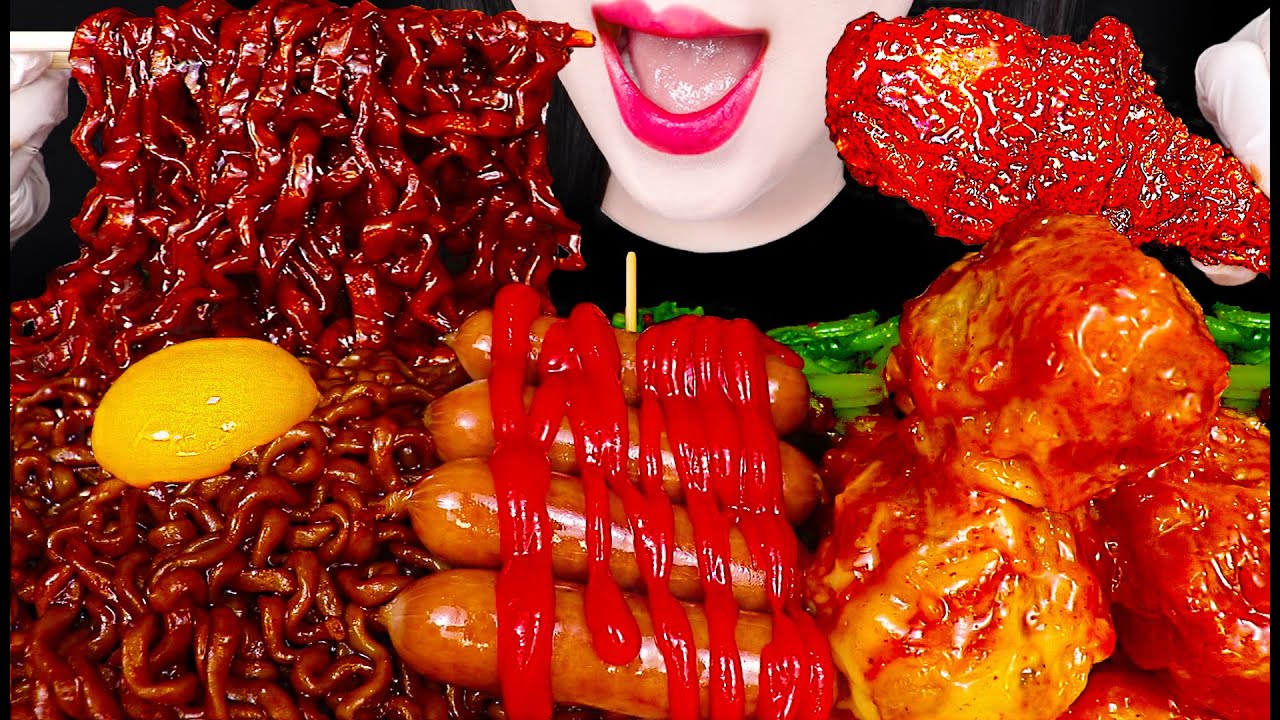 ASMR Fried Chicken, Noodles, Fried Sausage 처갓집 슈프림 양념 치킨, 짜파게티 먹방 Mukbang, Eating
