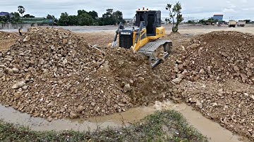 Amazing! Landfill Task! Fill Stone into Last Flood Block Use Shantui DH17C3 Dozer & 25T Dump Truck