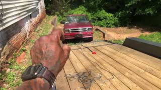 How to get NON running vehicles on and off your (car)trailer SOLO using a snatch Block pulley.