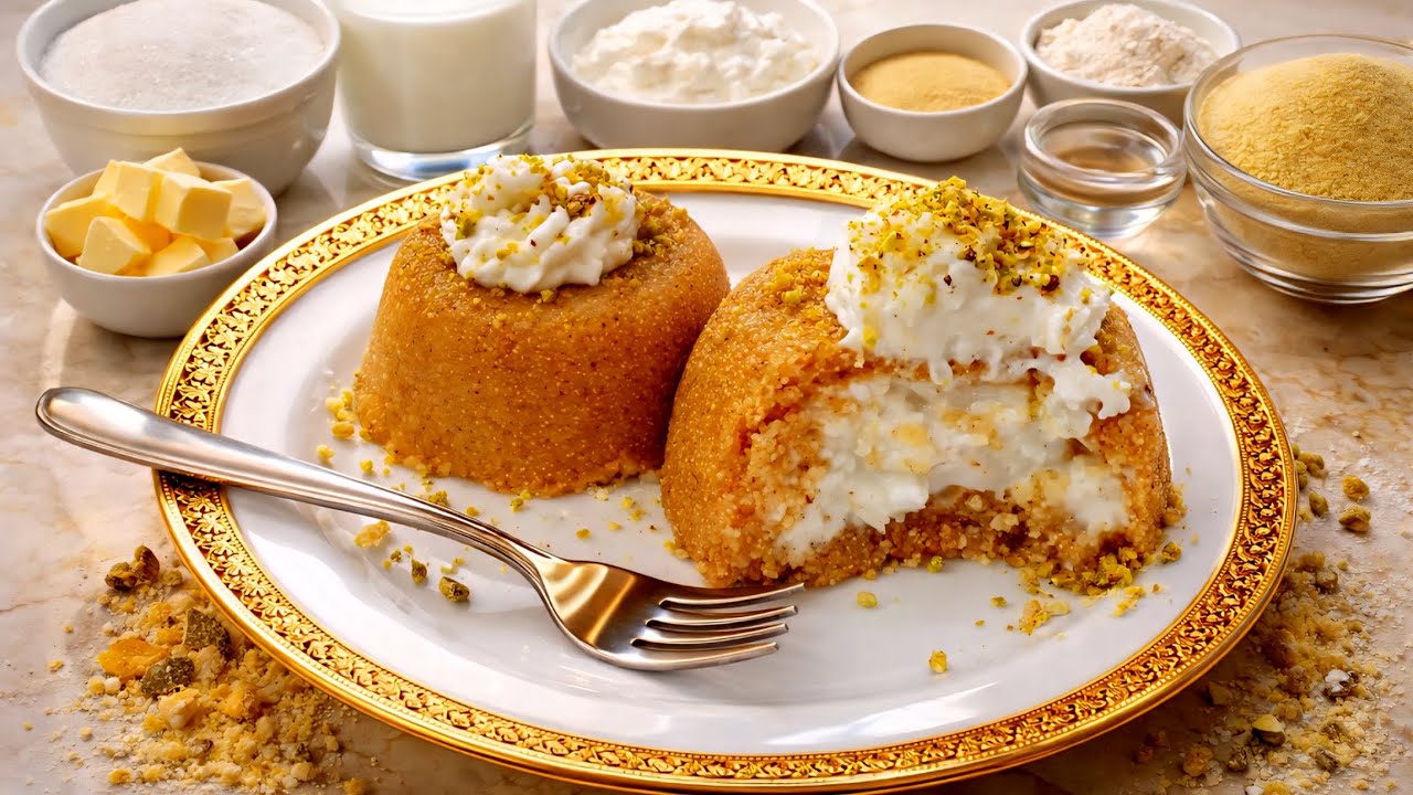 طريقة عمل حلاوة السميد بالقشطة بدون فرن  بمكونات بسيطة