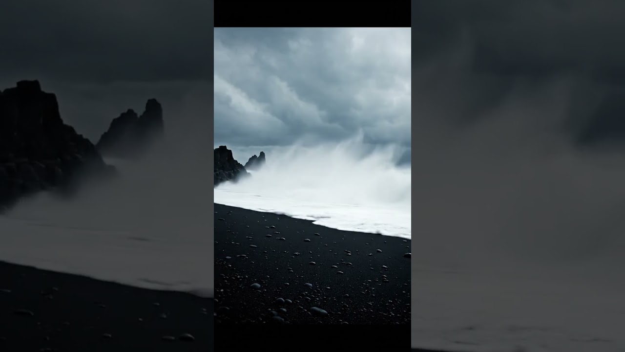 “Iceland’s Fierce Coast 🌊⚫ Storm & Black Sands”📝 