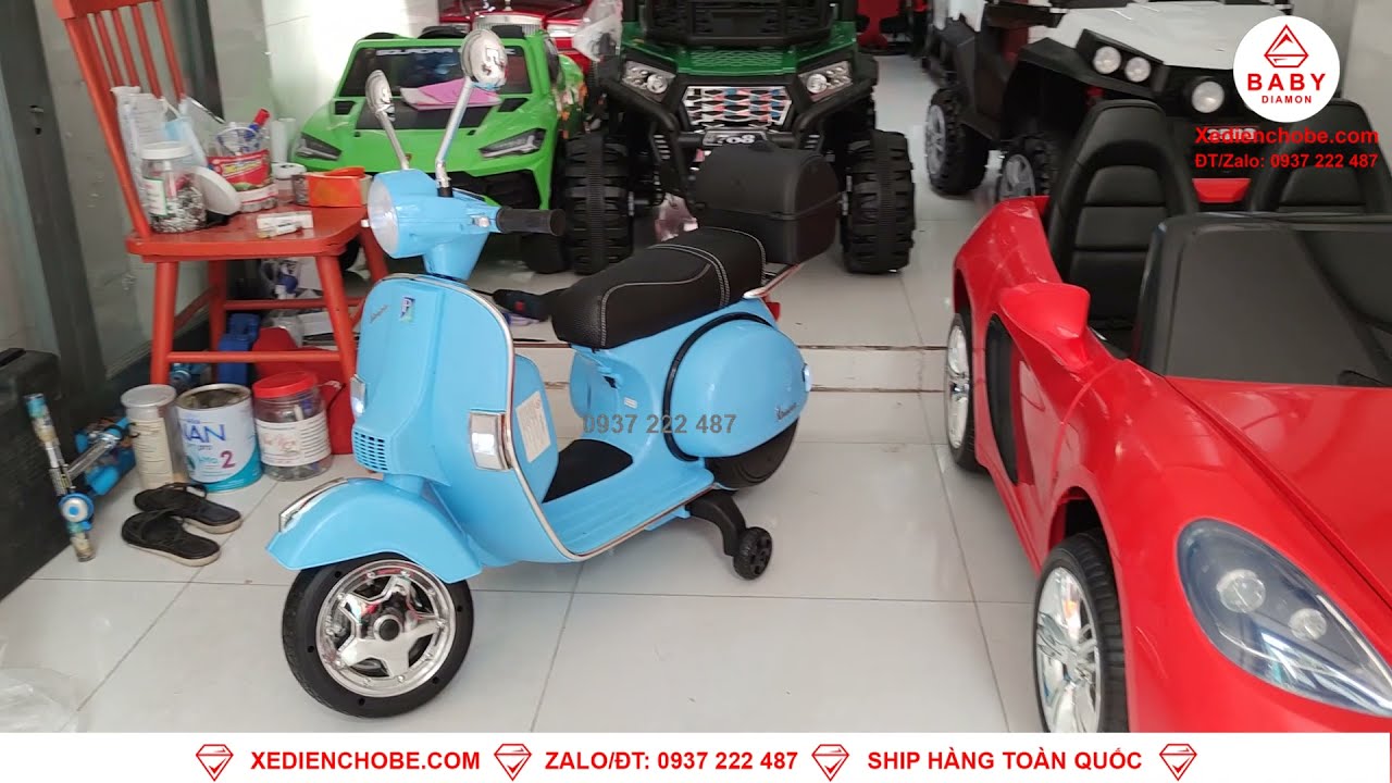 Xe máy điện cho bé Vespa PX 150 bản quyền màu xanh... - youtube