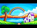 How to Draw Easy Scenery | Drawing Rainbow in the Village Scenery Step by Step with Oil Pastels