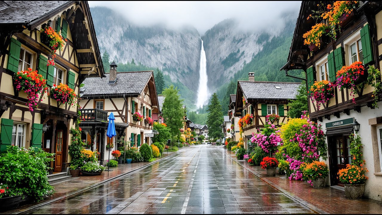 Rainy day in Swiss Alpine village - Fairytale village