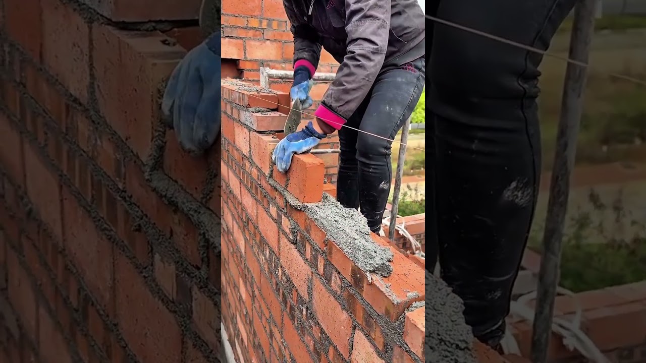Trowel spreads mortar gloves guide bricks aligned straight