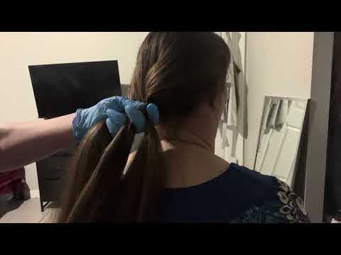 ASMR gloves & hair play, braiding (soft spoken to whisper) sorry for the background noise! 
