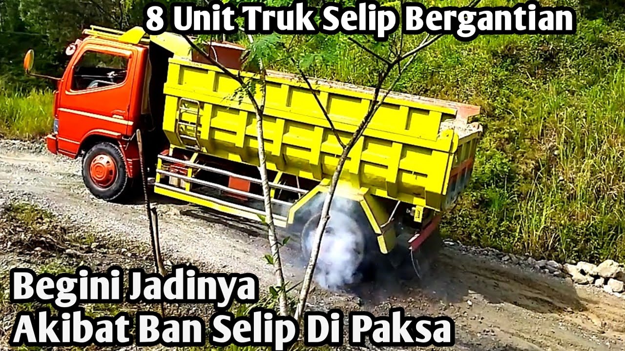Truk Selip Di Tanjakan , 8 Unit Truk & 1 Siklun - Ban Selip Di Posisi Yang Sama