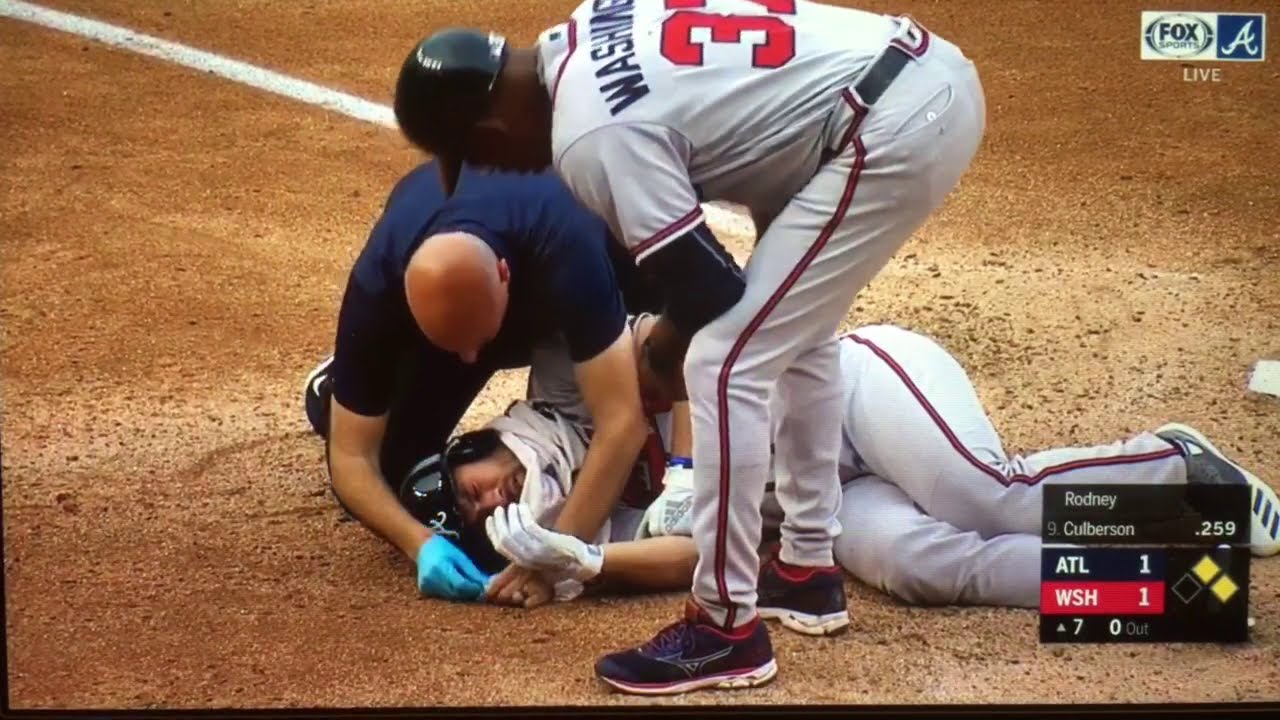 Braves' Charlie Culberson hit in face by pitch